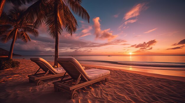 Splendida vista del tramonto tropicale due lettini sedie ombrelloni sotto le palme Sabbia bianca oc