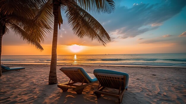 Splendida vista del tramonto tropicale due lettini sedie ombrelloni sotto le palme Sabbia bianca oc