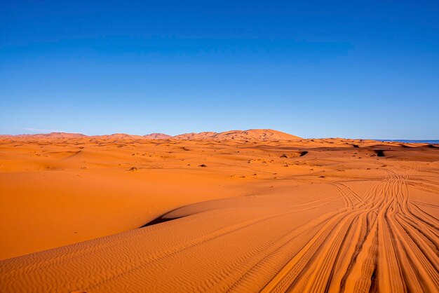 Splendida vista delle dune di sabbia con segni di pneumatici nel deserto contro il cielo limpido