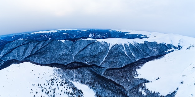 Splendida vista delle scogliere ricoperte di neve e alberi in una giornata invernale nuvolosa presso la stazione sciistica. Concetto di vacanza in un aspro paese del nord. Copyspce