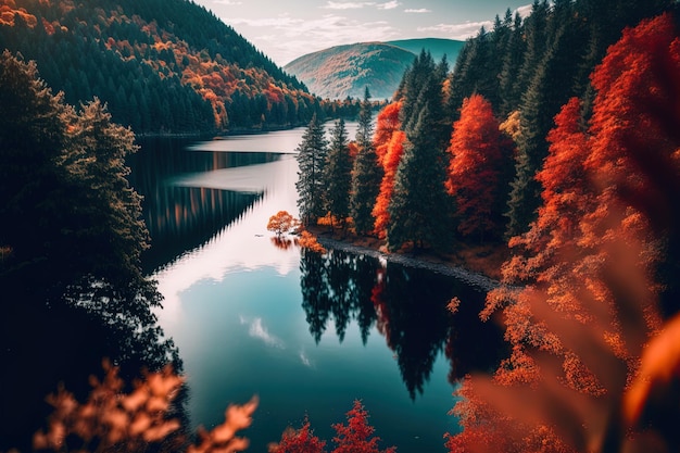 Splendida vista su un lago circondato da colorati alberi autunnali