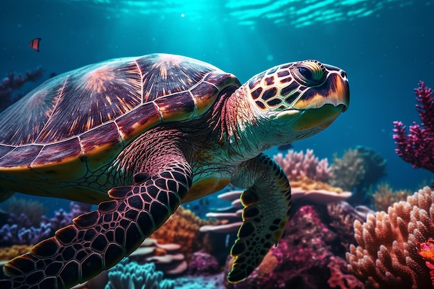 Splendida vista subacquea sull'oceano con una grande tartaruga che nuota nell'abbondanza di vita marina
