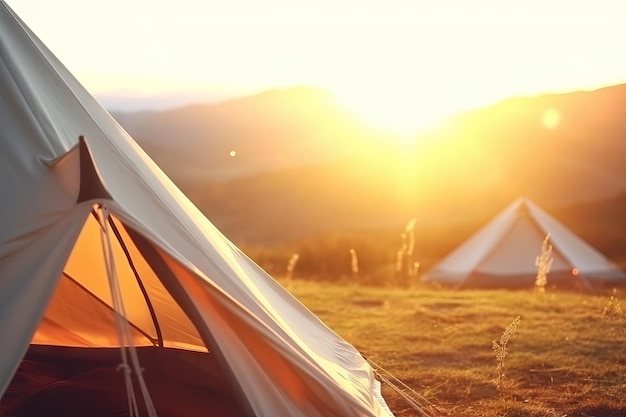 Splendida vista sulle montagne al tramonto in vacanza in campeggio pensiero tenda bokeh sfocato