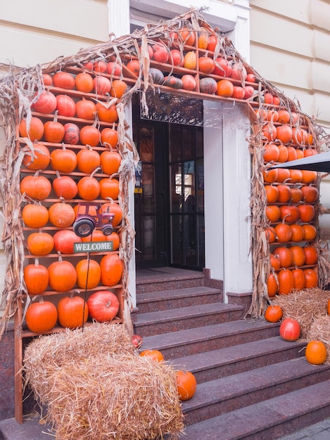 Splendidamente decorato con zucche scaffali in legno vetrina negozio o bar Decorazioni di strada in città per Halloween e il Ringraziamento