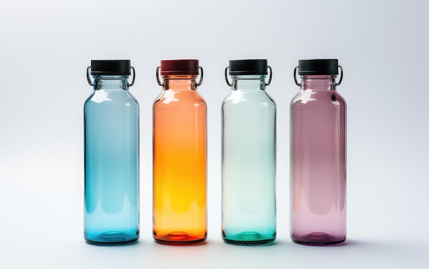 Splendide bottiglie d'acqua sportive colorate isolate su sfondo bianco