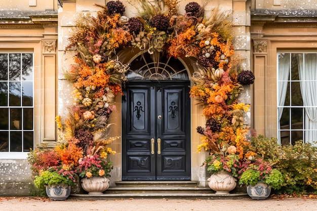 Splendide decorazioni autunnali su una classica porta d'ingresso che accoglie la stagione delle vacanze autunnali generative ai