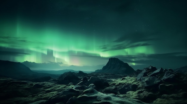 Splendide luci dell'aurora verde sul paesaggio roccioso