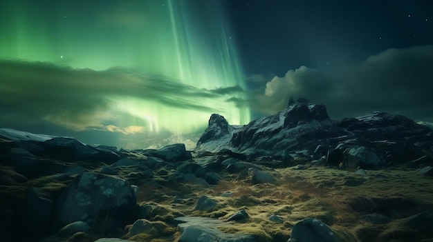 Splendide luci dell'aurora verde sul paesaggio roccioso