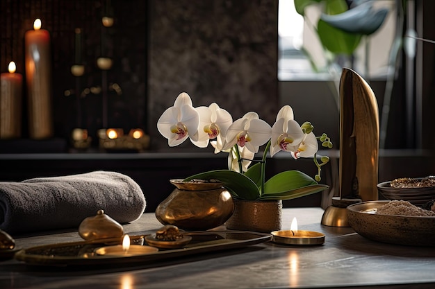 Splendidi accessori spa sono posizionati su un lettino da massaggio in una stanza