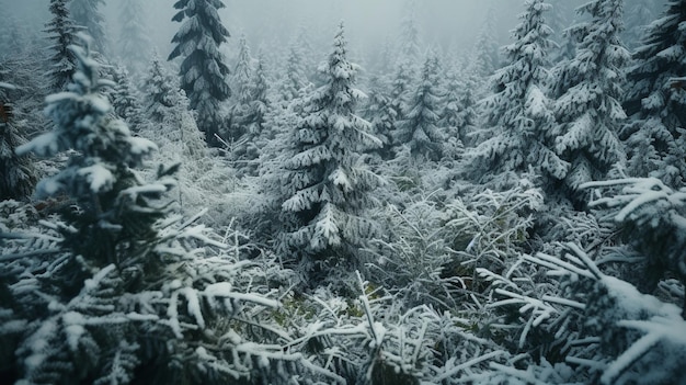 Splendidi alberi coperti di neve in una foresta invernale AI generativa