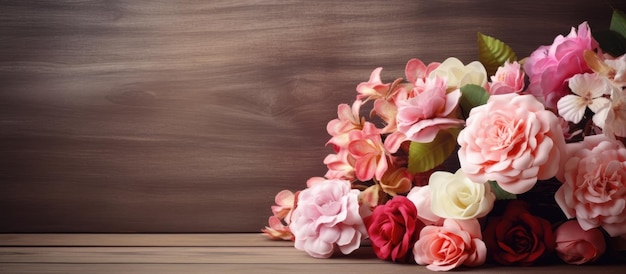 Splendidi fiori finti su sfondo in legno