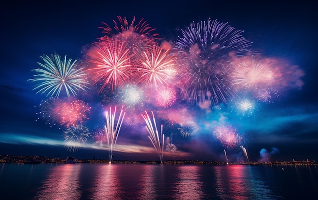 Splendidi fuochi d'artificio blu e rosa illuminano il cielo con uno spettacolo abbagliante durante il nuovo anno