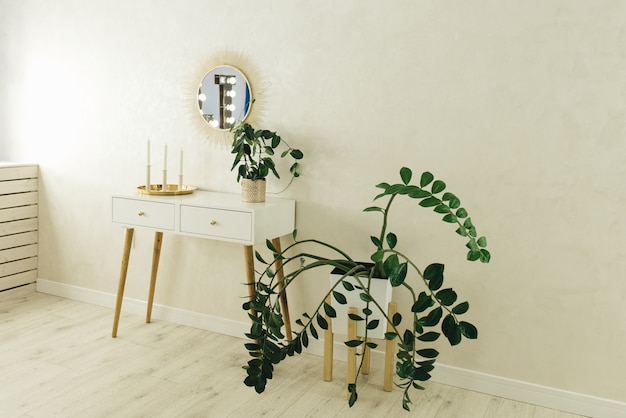 Splendidi interni chiari, toletta, specchio e piante