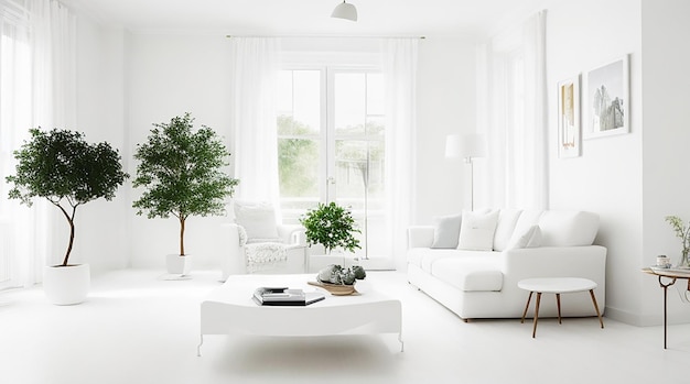 Splendidi interni del soggiorno con pareti bianche