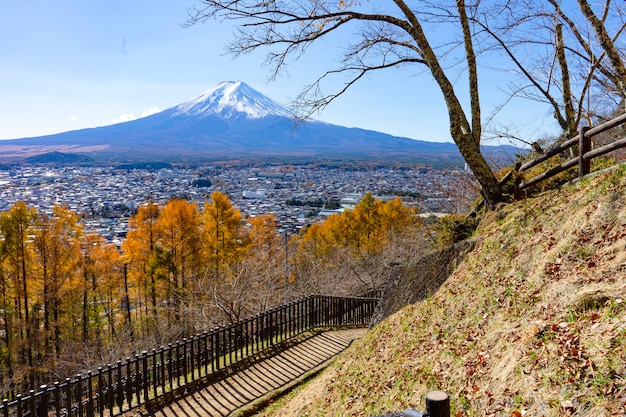 Splendidi paesaggi vista Monte Fuji del Giappone e villaggio al punto di vistavista dall'alto