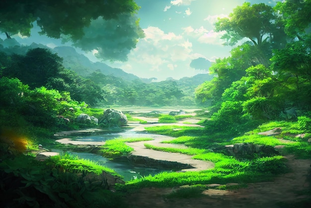 Splendido ambiente naturale in stile artistico Ghibli