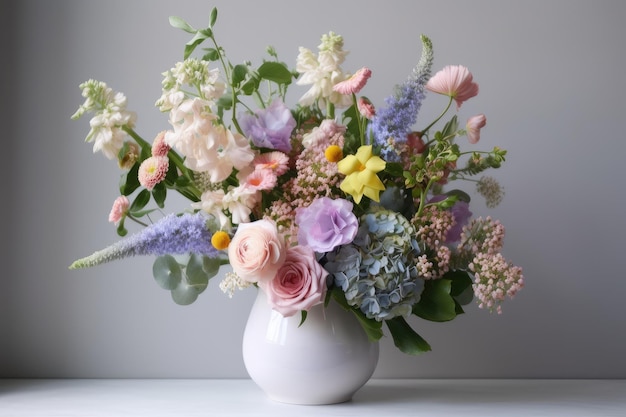 Splendido bouquet di fiori pastello in vaso moderno creato con intelligenza artificiale generativa