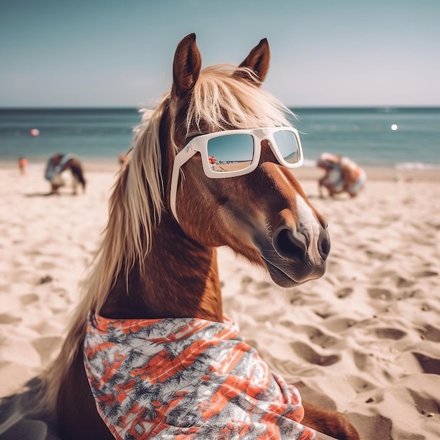 Splendido cavallo che si gode la vista sull'oceano in spiaggia IA generativa