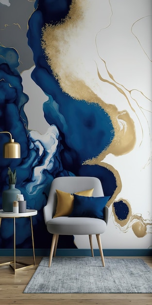 Splendido design d'interni con poltrona e pittura murale astratta nei colori bianco blu e oro Generativo Ai