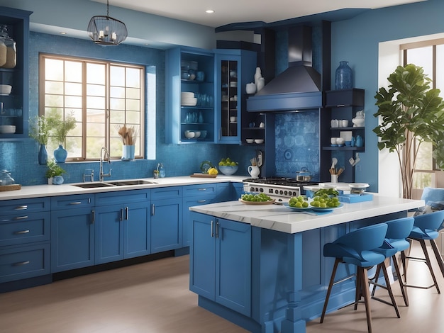 Splendido design personalizzato della cucina con combinazione di colori blu visualizzata in una combinazione di disegno e foto