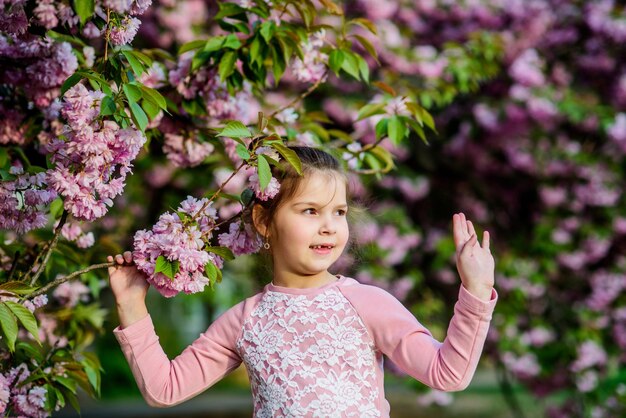 Splendido fiore bellezza Ragazza fiore di ciliegio sfondo Buone vacanze primaverili Godetevi l'odore di tenera fioritura giornata di sole Sakura fiore concetto Parco e giardino Ragazza bambino in primavera fiore sbocciano