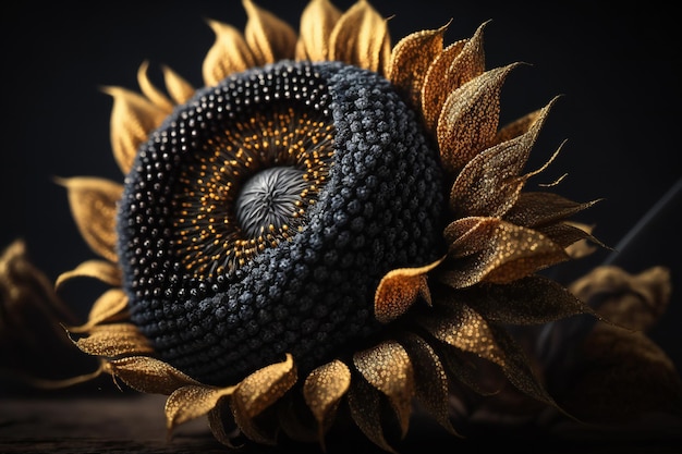 Splendido fiore di girasole lavorato a maglia con stelo Vantablack con scintillanti petali dorati e neri