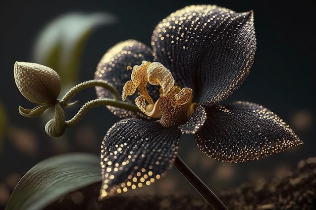 Splendido fiore di orchidea lavorato a maglia con gambo Vantablack con scintillanti petali dorati e neri
