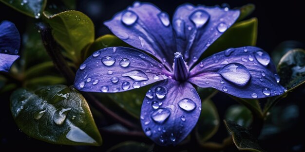 Splendido fiore di pervinca con gocce di pioggia Foto di alta qualità IA generativa