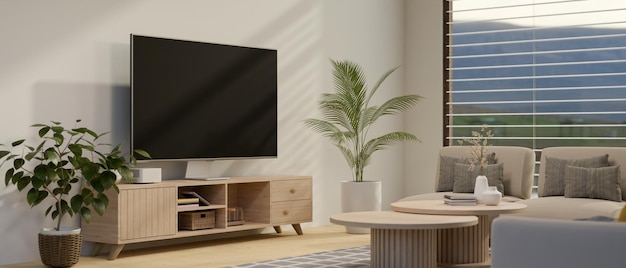 Splendido interno minimalista del soggiorno con divano, tavolino, smart TV, mobile TV e arredamento