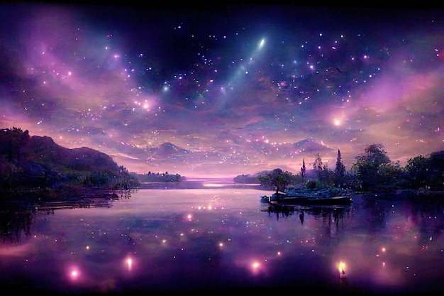 Splendido lago notturno stellato nell'illustrazione 3D dell'arte digitale