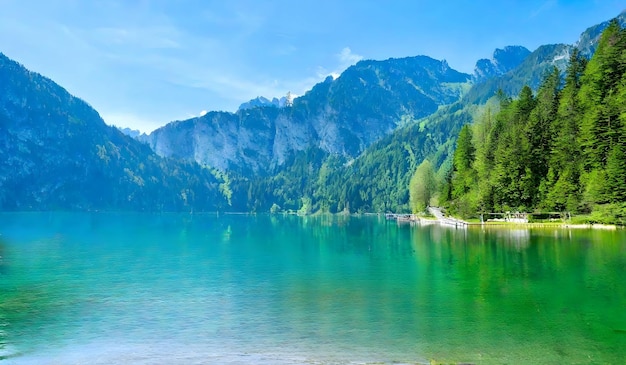 Splendido lago sullo sfondo della natura con le montagne