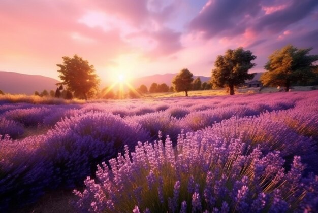 Splendido paesaggio con campo di lavanda al tramonto IA generativa