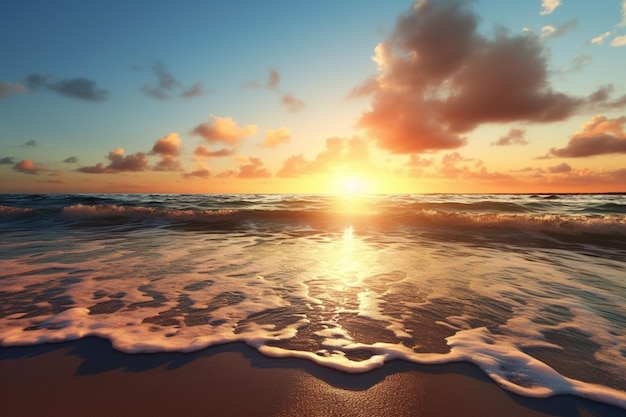 Splendido paesaggio con il tramonto sul mare colorato dell'onda dell'oceano sulla luce della spiaggia e le nuvole sullo sfondo dell'umore estivo dell'intelligenza artificiale generativa