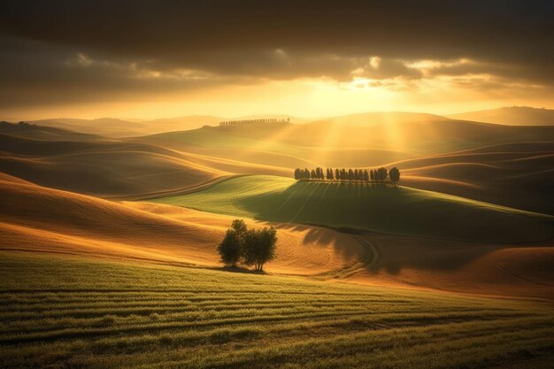 Splendido paesaggio di campagna con prato verde sulla collina Creato con tecnologia generativa AI