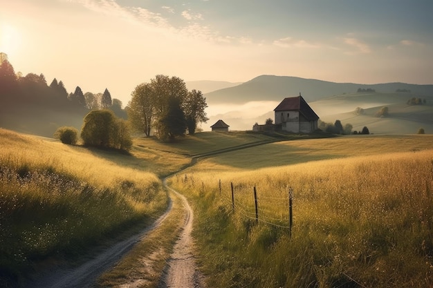 Splendido paesaggio di campagna con prato verde sulla collina Creato con tecnologia generativa AI