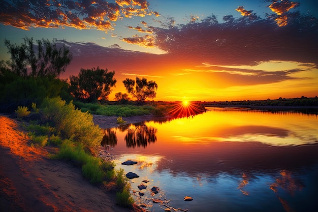 Splendido paesaggio fluviale e al tramonto