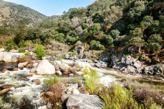 Splendido paesaggio montano, flusso del fiume di montagna, pietre, cielo blu