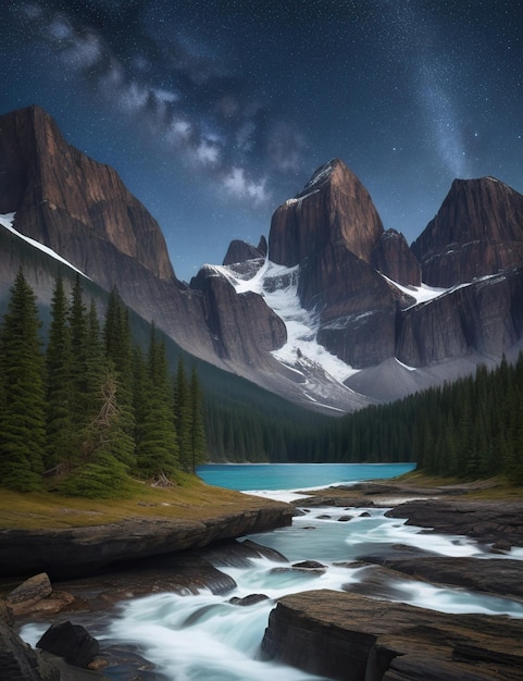 Splendido paesaggio naturale con montagne e cieli stellati