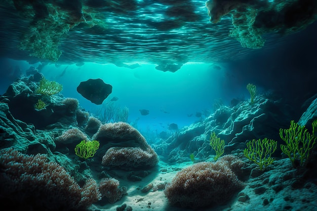 Splendido paesaggio sottomarino colorata vita marina fondale dell'oceano IA generativa