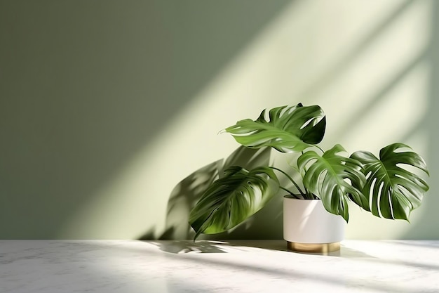 Splendido podio bianco nel rendering 3D per la visualizzazione di prodotti per la cura della pelle sbiancanti con ramoscelli di piante verdi naturali Ombre di foglie di luce solare e spazio sul pavimento generato dall'IA