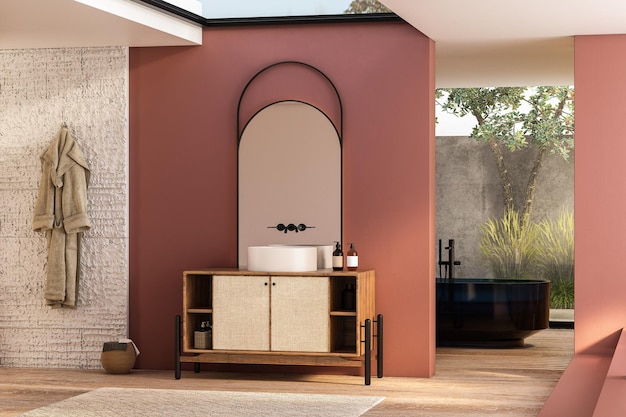 Splendido rendering del bagno con bellissimo lucernario vanity, pareti rosse, pannelli in legno, vasca da bagno, accappatoio, finestra con vista sul giardino, sole mattutino e una finestra sul soffitto. Presenta uno stile marocchino.