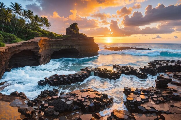 Splendido scenario di formazioni rocciose in riva al mare al Queens Bath Kauai Hawaii al tramonto