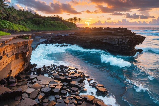 Splendido scenario di formazioni rocciose in riva al mare al Queens Bath Kauai Hawaii al tramonto