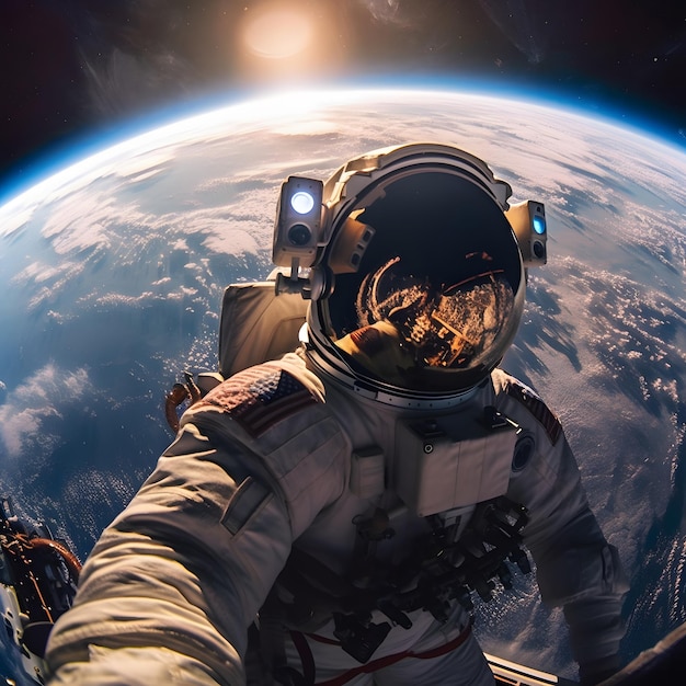 Splendido selfie di un astronauta che fluttua nello spazio ripreso dal retro IA generativa