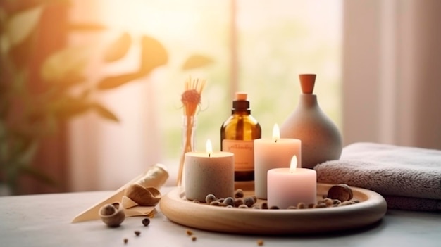 Splendido sfondo della composizione della spa Rilassatevi concetto di benessere spa still life IA generativa