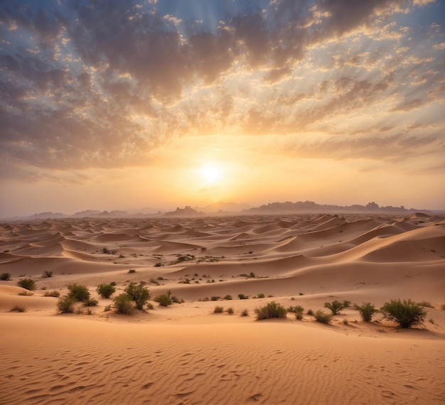 Splendido tramonto sulle dune di sabbia a Dubai, negli Emirati Arabi Uniti