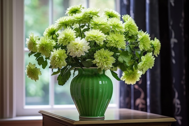 Splendido vaso pieno di vivaci crisantemi verdi esposti elegantemente su un tavolo in una stanza