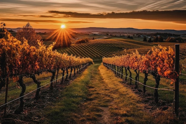 Splendido vigneto con dolci colline e paesaggio autunnale al tramonto IA generativa