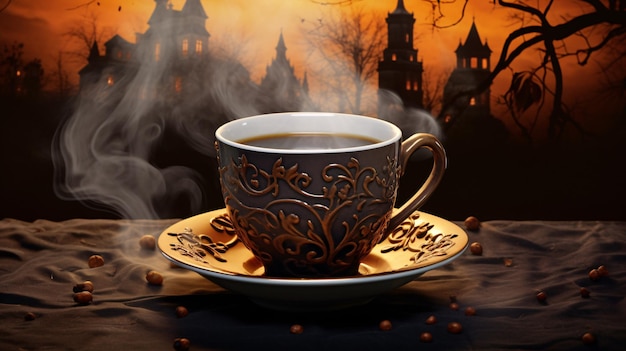 Spooky Coffee Cup on Saucer con sfondo inquietante Generative AI Enhanced Stock Image