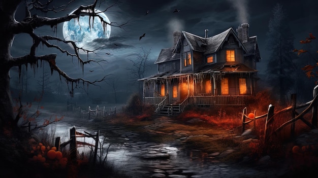 Spooky Creepy Haunted Riverside House isolata dal mondo esterno con sfondo scuro terrificante scenario macabro IA generativa